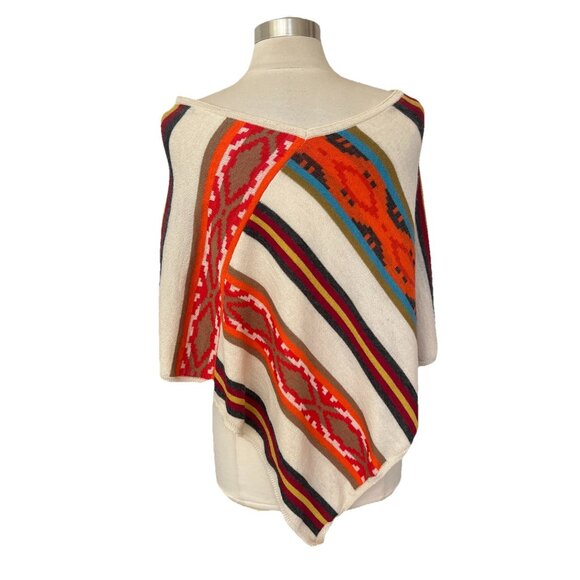 Sol Alpaca Poncho OS Womens Andgyle Orange Cream Striped Pullover Baby Alpaca - Picture 5 of 8